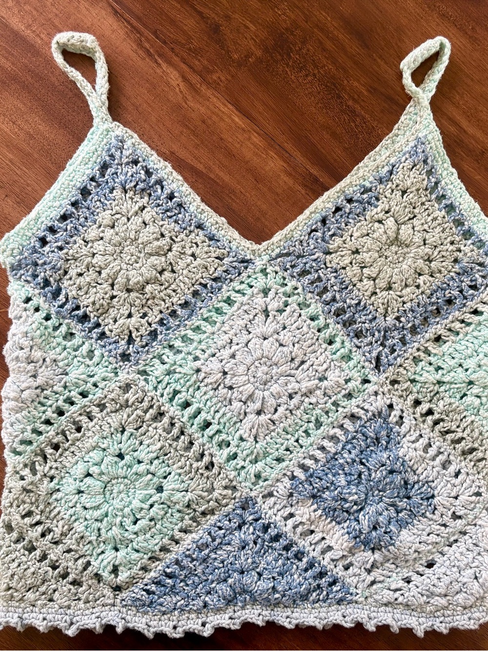 Hand Crafted Crochet Tank Top in Mint, Light Blue, and Cream